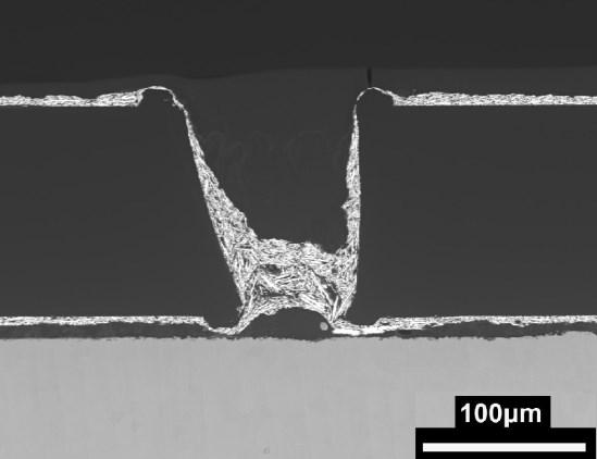 However, The grinding approach was challenging to execute with the 50 µm via size, since the grinder can pass the via in the mold easily.