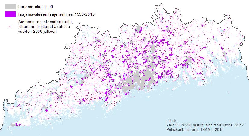 Kuva 10. Rakentamisen kehitystä Uudellamaalla: Taajama-alueen laajentuminen 1990-2015 sekä aiemmin rakentamattomat ruudut, joihin on sijoittunut asutusta vuoden 2000 jälkeen (Uudenmaan liitto 2017).