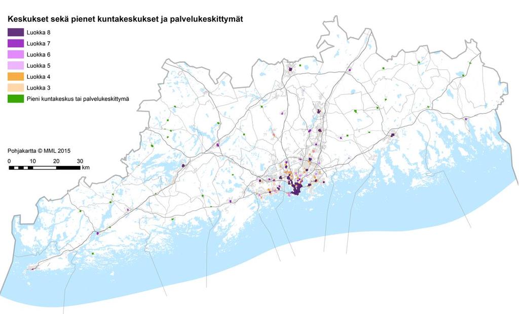 Kuva 11. Uudenmaan monipuolisimmat keskukset sekä pienet kuntakeskukset ja palvelukeskittymät keskusanalyysi -selvityksen perusteella.