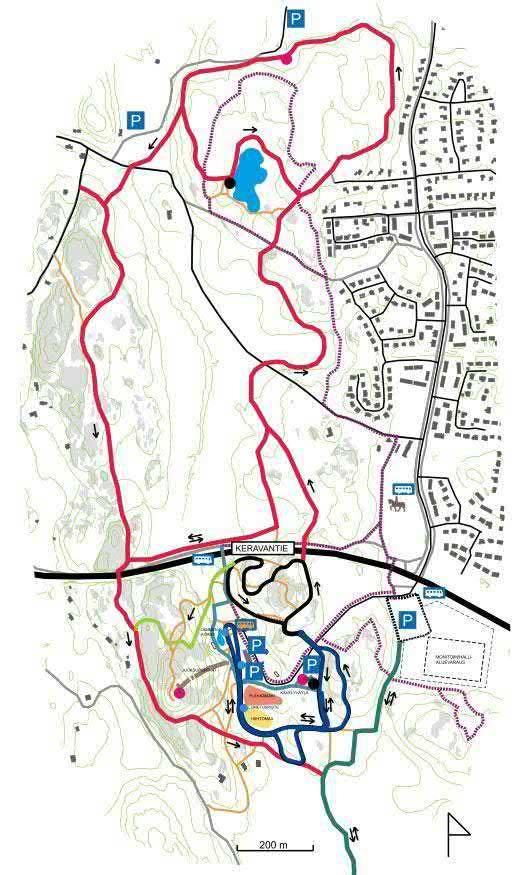 Talviolosuhteet Vihreä Koukkusuon latu uudelta parkkipaikalta Punainen