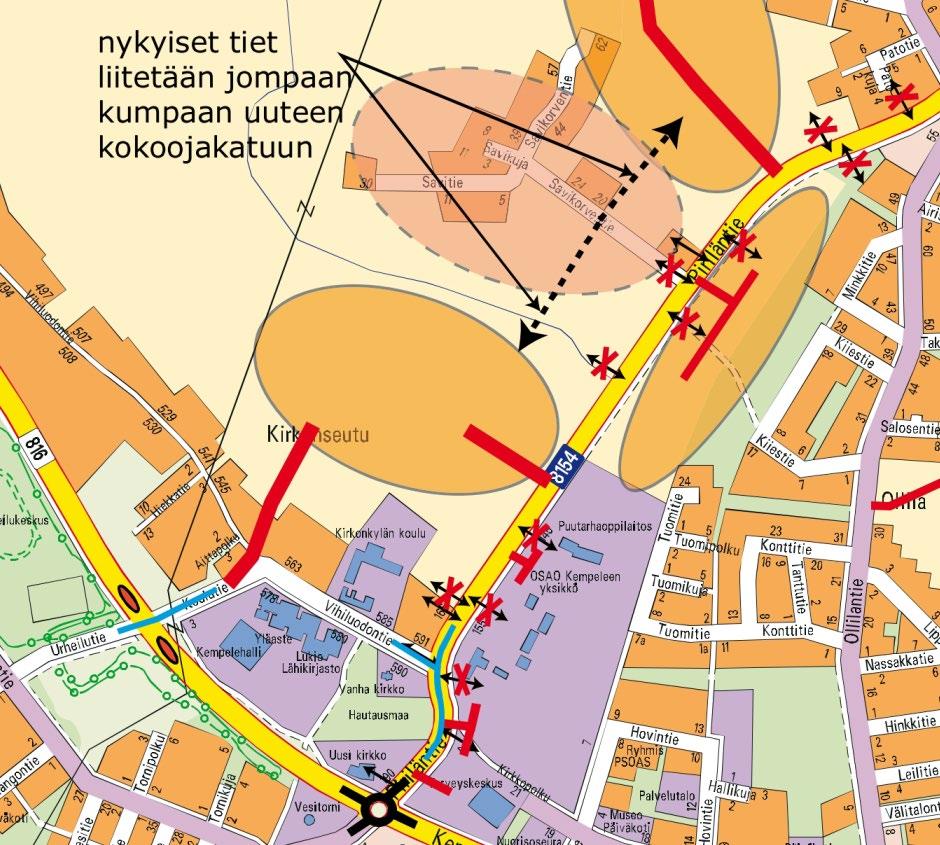 Selvitysraportissa ajoyhteydet kaava-alueelle on merkitty sekä Piriläntieltä että Koulutieltä. Kuva 2. Ote Kempeleentien ja Piriläntien toimenpideselvityksestä, tutkittuja katuyhteyksiä.