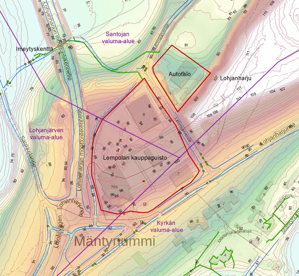 FCG SUUNNITTELU JA TEKNIIKKA OY Loppuraportti 5 (18) Kuva 2. Suunnittelualueen korkeusasema ja sijoittuminen Santojan, Lohjanjärven ja Kyrkån valuma-alueille.