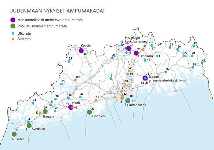 Johdanto Tähän Liite 1:n on koottu tiedot Uudenmaan ulko- ja sisäampumaradoista. Kunnan ja radan nimen lisäksi otsikossa näkyy numero, joka viittaa alla olevaan karttaan.