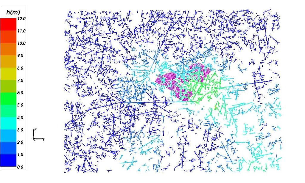 126 Figure 12-1. Three vertical slices through the site-scale model domain. The hydro zones and the DFN fractures are coloured by their head values. Figure 12-2.