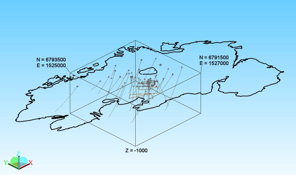 A 3D view of Olkiluoto island showing the model volume of the geological site model described in /Mattila et al. 2008/.