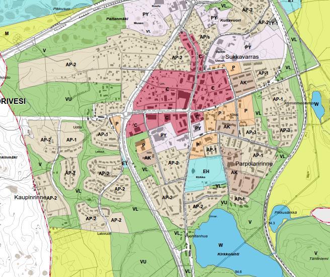 VIHERVERKKOSELVITYS 4 / 1 kuva 3. Ote keskustaajaman osayleiskaavasta 1988, värilliset yleiskaava-aluevaraukset ovat Pirkanmaan liitossa syksyn 2012 ja kevään 2013 aikana digitoitua aineistoa.