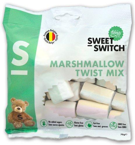Sweet-Switch Belgia SWEET-SWITCH VAAHTOKARKKI Sweet-Switchin makeutusaineella (stevioliglykosidi) makeutetut gluteenittomat ja sokerittomat vaahtokarkit.