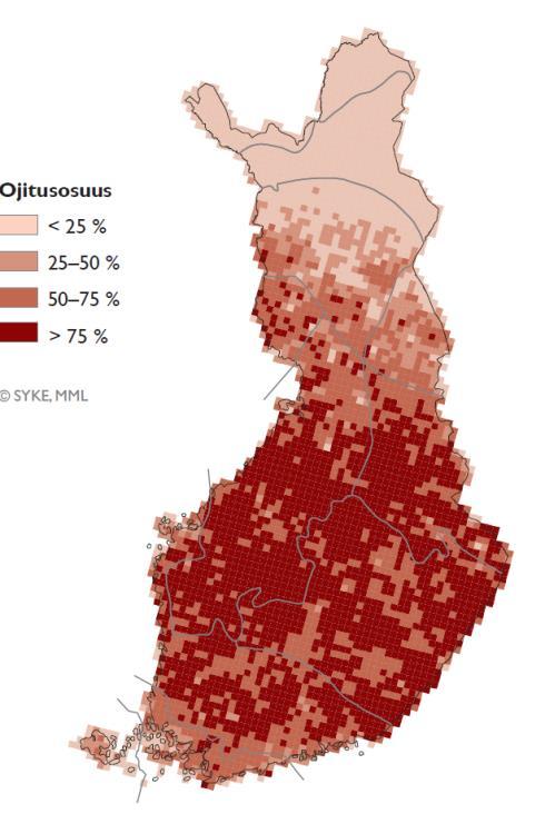 Soiden ojitus Soiden ojitustilanteen ja eri kuivatusasteiden