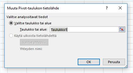 Tietoalueen koon hallinta Kun taulukkoon lisätään rivejä, taulukon koko muuttuu vastaavasti. Muutoin pitää varmistaa, että lisätyt rivit tulevat mukaan pivotointiin.