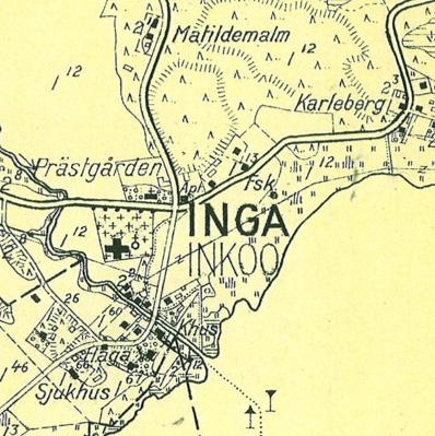 Pappilasta johtaa kapea tie hautausmaan vieritse Inkoonjoen suuhun. Pitäjänkartassa vuodelta 1935 kirkkoa, hautausmaata ja pappilaa ympäröi edelleen laajat peltoalueet.