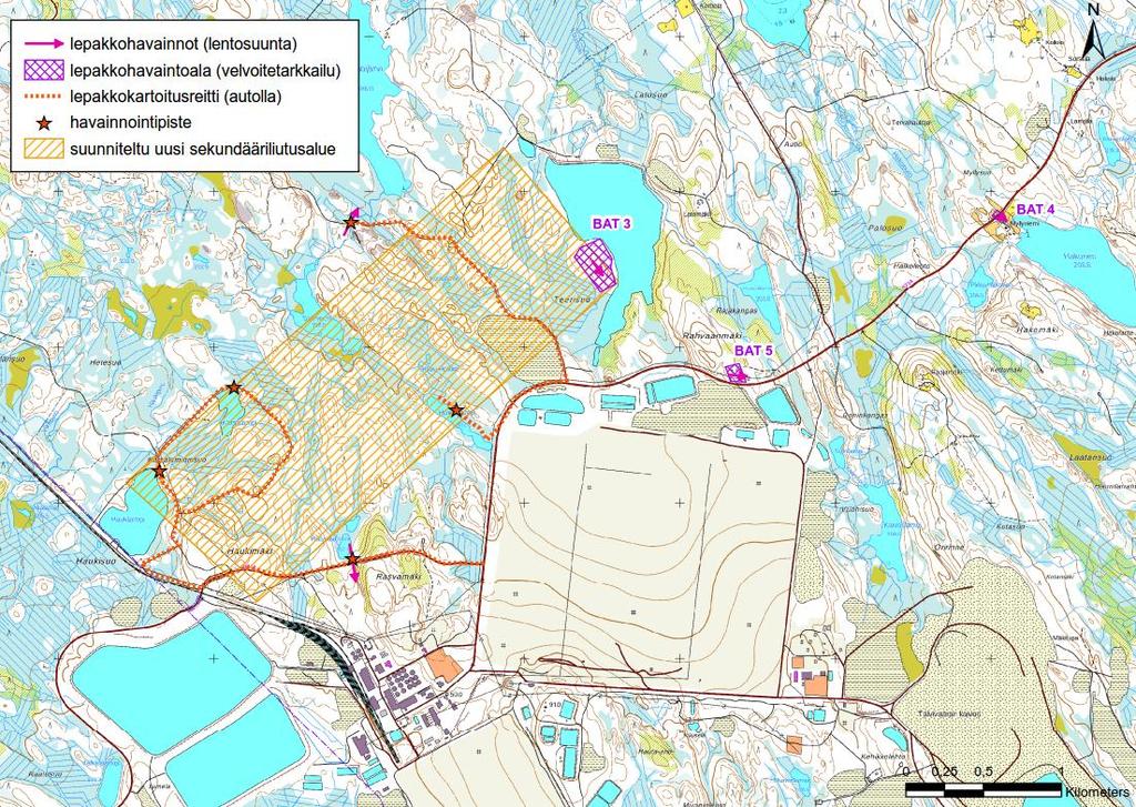 Biologinen tarkkailu 2018 19 Kartta 4. Lepakkoseurannan näytealat sekä sekundääriliuotusalueen selvitysalueen tarkistetut potentiaaliset lepakoiden saalistusalueet.