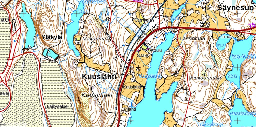 tuotantolaitosten kaivoksen louhos- ja läjitysalueen koillis-itäpuolella alueella, jonne louhos- ja läjitysalueen pölyämisen arvioidaan ulottuvan ja vaikuttavan.