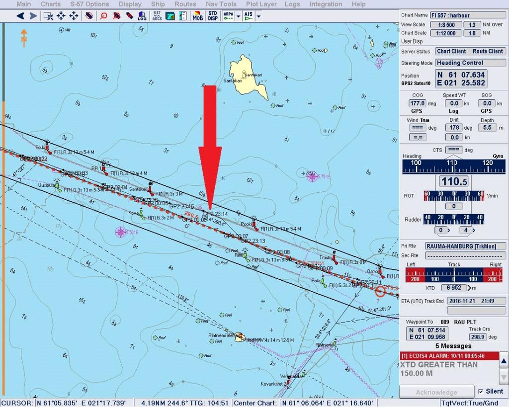 10 Figure 8. The recording of the SYLT s ECDIS device. The vessel s track and the location for the ground touching (the red arrow) can be seen in the figure. (Photo: M/V SYLT) 2.