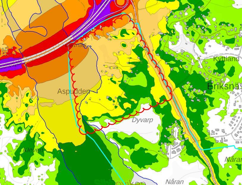 Raportti 12/14 Kuva 7. Päiväajan keskiäänitasot Eriksnäsin kaava-alueen pohjoisosassa Porvoonväylän läheisyydessä vuonna 2035. Punaisella rajauksella merkitty kaava-alueet, joilla meluntorjuntatarve.