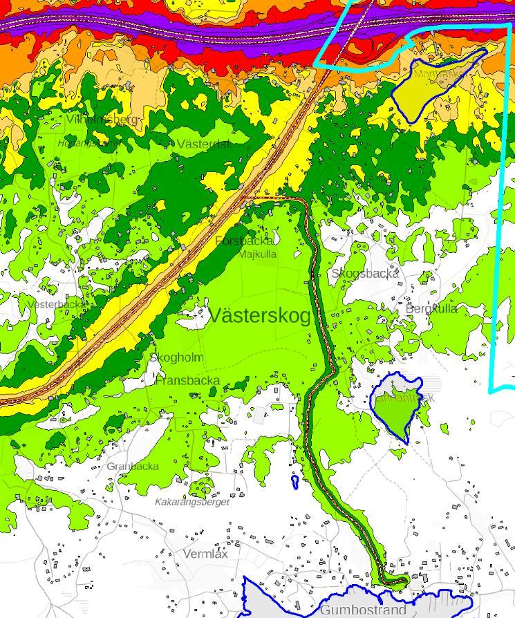 Raportti 13/14 Kuva 8. Päiväajan keskiäänitasot Gumbostrand-Västerskogin kaava-alueella vuonna 2050. 4. Johtopäätökset Porvoonväylä aiheuttaa osittain korkeitakin melutasoja kaikille kaava-alueille.