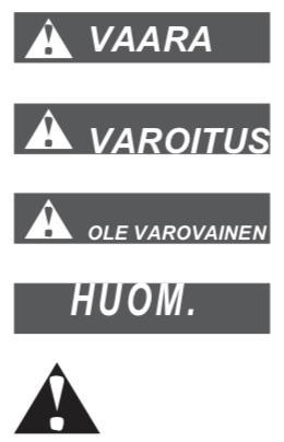 Merkkien selitykset Vaaratilanne, joka voi johtaa vakavaan loukkaantumiseen tai hengenvaaraan. Vaaratilanne, joka voi johtaa vakavaan loukkaantumiseen tai hengenvaaraan. Vaaratilanne, joka voi johtaa vakavaan loukkaantumiseen. Tärkeää tietoa tilanteesta, joka voi johtaa aineellisiin vahinkoihin.