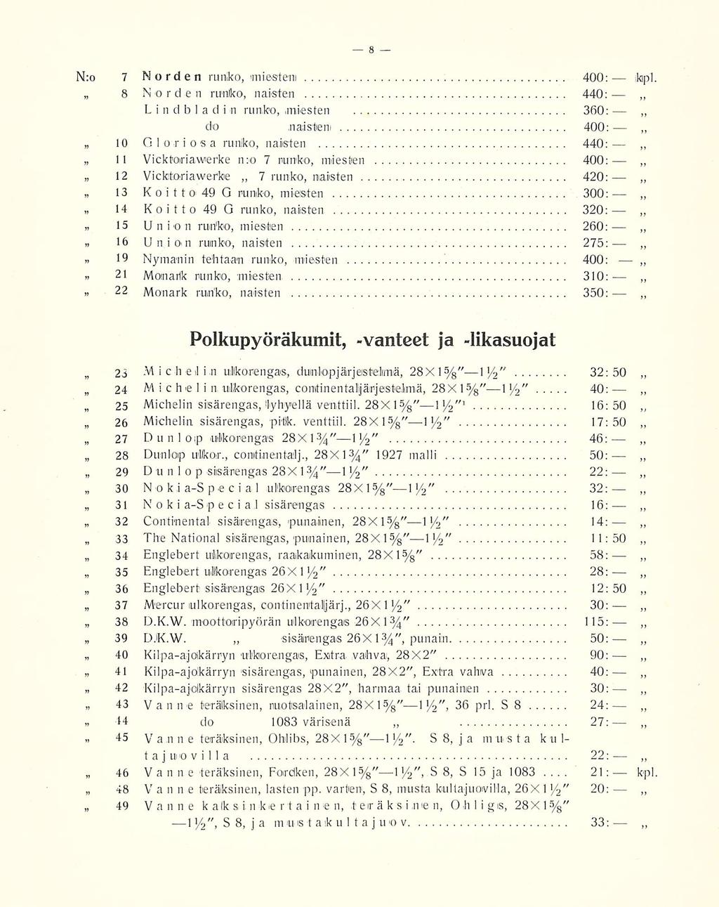 21: N:o 7 Norden runko, miesteni 400: kpl 8 Norden runko, naisten 440; Lindbladin runko, miesten 360: do naisteni 400: ~ 10 G lori os a runko, natisten 440: ~ 11 Vicktoiriavverke n:o 7 runko-,