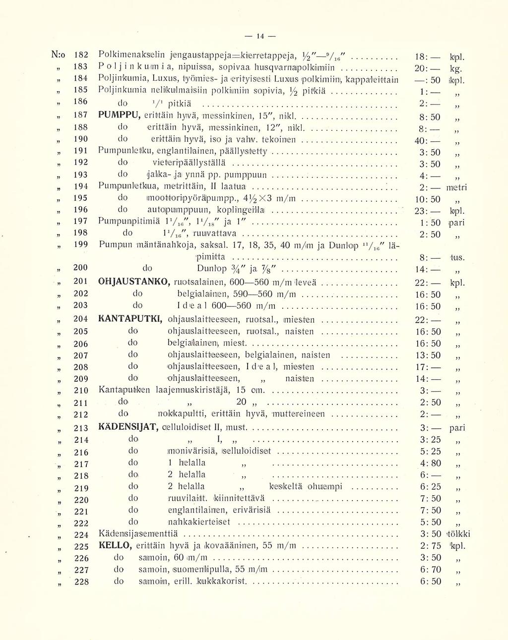 228 14 N:o 182 2 Polkimenaksielin " 9 / /ie" 18: kpl.» 183 Polj i n k u;(m ia, nipuissa, sopivaa husqvarmpolkiimiiin 20: kg.