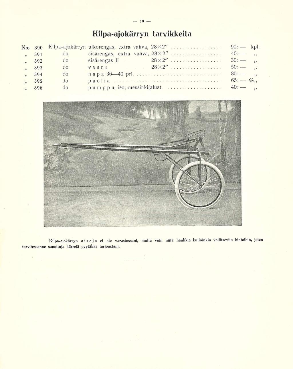 19 Kilpa-ajokärryn tarvikkeita N:o 390 Kilpa-ajokärryn ulkoiremgas, extra- vahva, 28X2" 90; kpl.