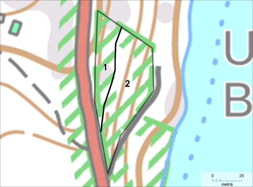 Kuva 2. Suojelualueen kasvillisuuskuviot. 1 = lehtomainen kangas, 2 = tuore keskiravinteinen lehto (pähkinälehto). 4 HOITOTOIMET 4.