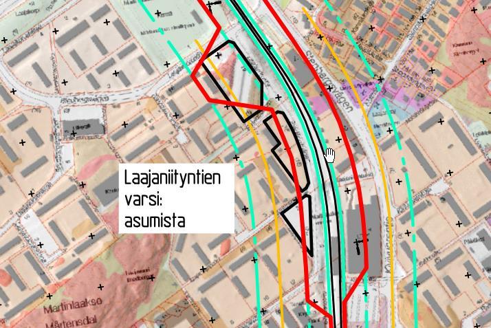 6/9 Laajaniityssä Laajavuorentien pohjoispuolella > 35 db runkomeluvyöhyke sijoittuu Laajaniityntien varteen kaavailtujen asuinalueille (kuva 3). Kuva 3.