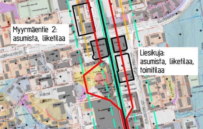 7/9 Louhelan aseman eteläpuolella radan länsipuolella runkomeluvyöhykkeen on arvioitu sijoittuvan 49 metrin etäisyydelle radasta.