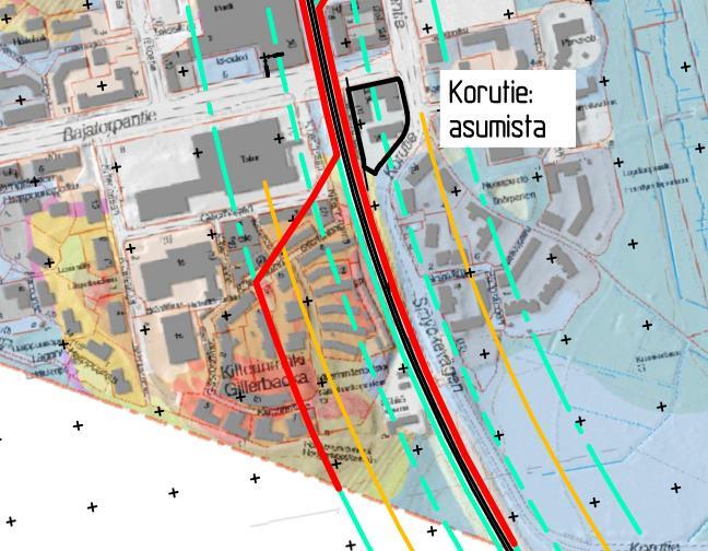 Kuva 5. Runkomeluvyöhykkeet (> 35 db) Myyrmäentie 2 ja Liesikujan suunnittelualueiden kohdalla. Yli 35 db runkomelualue on esitetty punaisella viivalla.