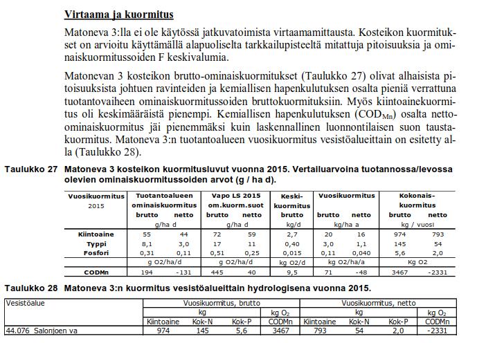 20 Kuormituksen osalta raportissa (liite 1) on esitetty seuraavaa: Lausunnon mukaan hakemuksessa ei ole esitetty täsmällisiä vesiensuojelutavoitteita puhdistustehojen tai lähtevän veden laadun