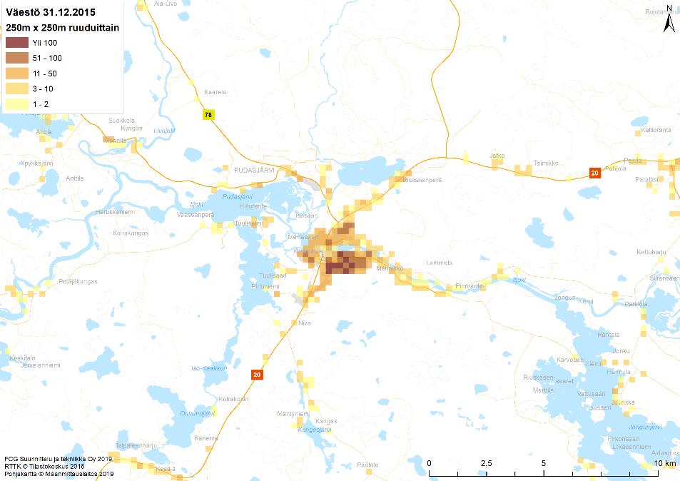 FCG SUUNNITTELU JA TEKNIIKKA OY Loppuraportti 7 (30) Asumisen ja työpaikkojen sijoittuminen Pudasjärven taajama-aste oli vuoden 2017 lopussa 50,6 %, kun koko maan taajama-aste oli samaan aikaan noin