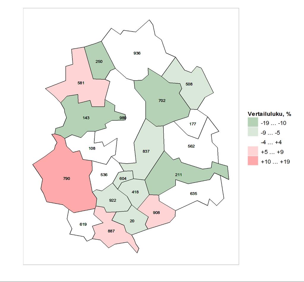 Kartta 1. Vertailutieto koko maan tilanteeseen nähden vammojen ja myrkytysten aiheuttamien hoitojaksojen osalta alueen kunnissa vuosina 2007-2011.