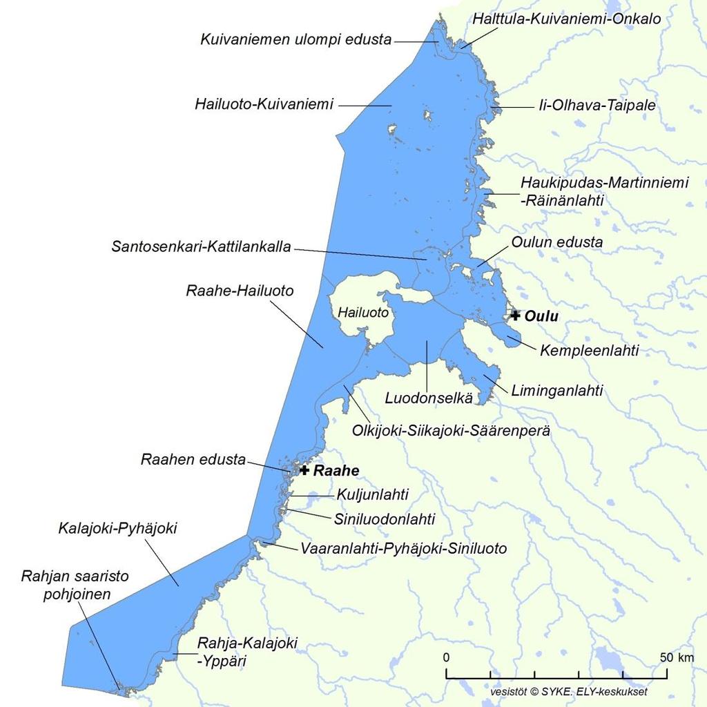 5 Rannikkovedet 5.1 Rannikkovesien tila Oulujoen - Iijoen vesienhoitoalueen rannikkovedet ulottuvat etelästä Kalajoen edustalta pohjoiseen Kuivaniemen edustalle.