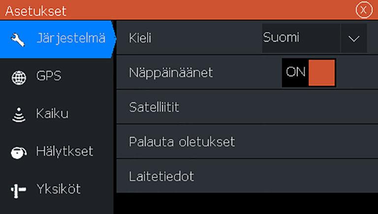 2 Peruskäyttö Järjestelmäasetukset-valintaikkuna Järjestelmäasetukset-valintaikkunasta pääsee muokkaamaan kaikkia perusjärjestelmäasetuksia. Valintaikkuna avataan painamalla lyhyesti virtapainiketta.