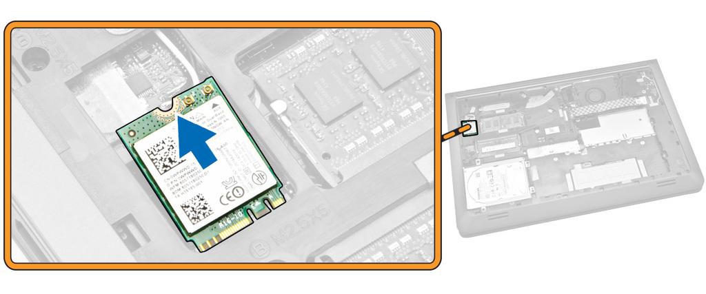 Kiristä ruuvi, jolla WLAN-kortti kiinnittyy tietokoneeseen. 5. Asenna seuraavat: a. Akku b. Rungon suojus 6.