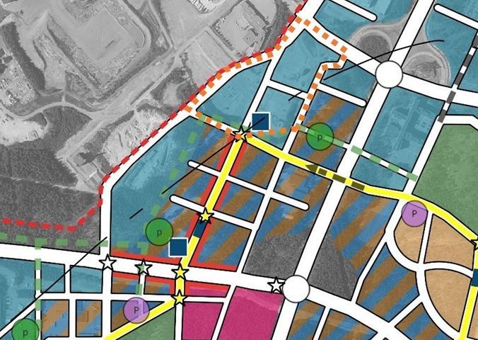 Osallistumis- ja arviointisuunnitelma nro 002370, 2404 22.2.2019 sivu 5 Aviapoliksen kaavarunko 2016 Alue on intensiivistä työpaikka-aluetta (sininen väri), jota sivuaa viheryhteys (vihreä katkoviiva).