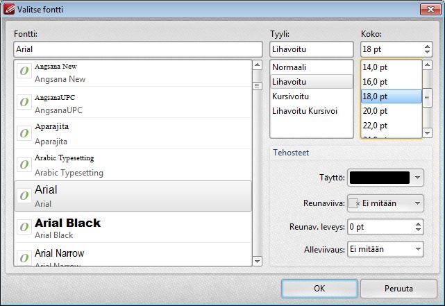 122 PDF-XChange Editor Plus 8.0 3. Napsauta painiketta Muuta otsikon muotoilua... (Change Title Format...) 3. Valitse fontti, fontin tyylimääritykset ja napsauta OK. 4. Napsauta Lisää... (Add.