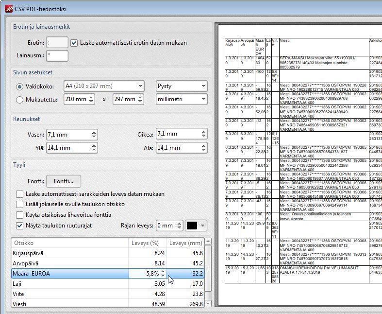 Tiedostojen hallinta 57 Voit myös muuntaa CSV-tiedoston (erotinmerkeillä tallennetun taulukon) PDF.tiedostotaulukoksi.