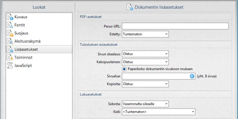 66 PDF-XChange Editor Plus 8.0 Lisäasetukset Välilehdellä Lisäasetukset (Advanced) voit mm. määrittää dokumentin tulostuksen oletusarvot.