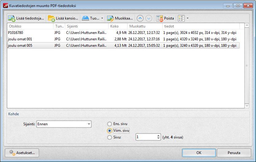 70 PDF-XChange Editor Plus 8.0 6. Valitse, lisätäänkö uudet sivut kohdedokumentissa (Destination) valitsemasi sivun eteen (Before) vai sen jälkeen (After). 7. Valitse lisäyskohta.