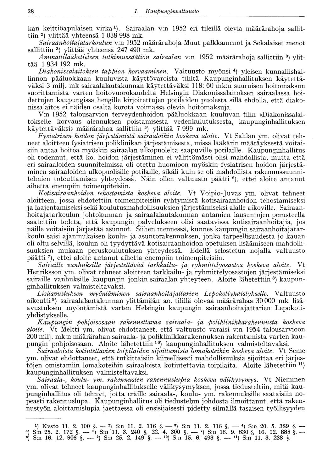 28 1. Kaupunginvaltuusto kan keittiöapulaisen virka 1 ). Sairaalan v:n 1952 eri tileillä olevia määrärahoja sallittiin 2 ) ylittää yhteensä 1 038 998 mk.