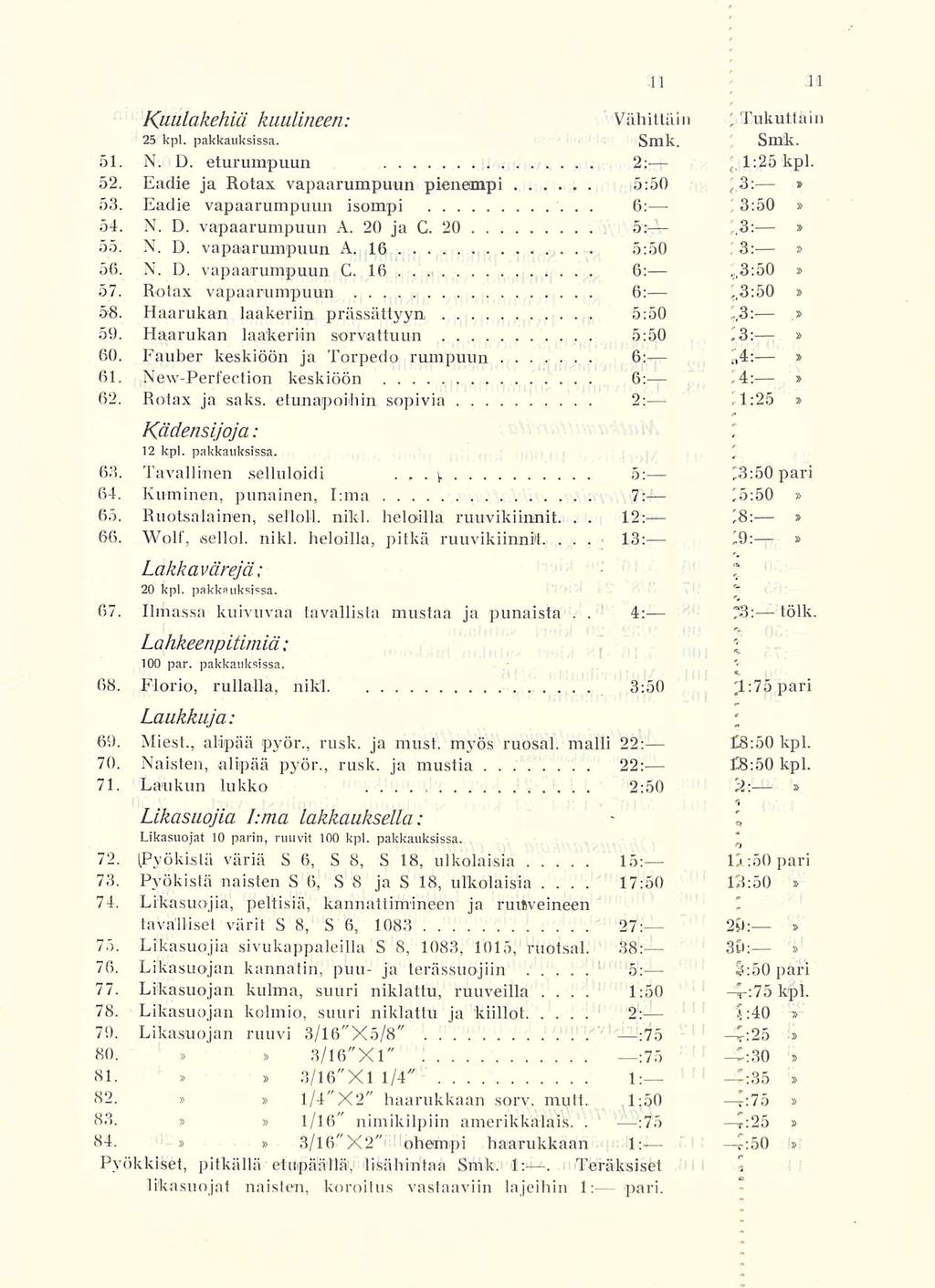 13: 17:50 1:50 8:50 ' * Kuulakehiä kaulineen: Vähittäin ; Tukuttain 25 kpl pakkauksissa Smk Smk 51 N D eturumpuun 2: J, 1:25 kpl 52 Eadie ja Rotax vapaarumpuun pienempi 5:50 ',3: 53 Eadie