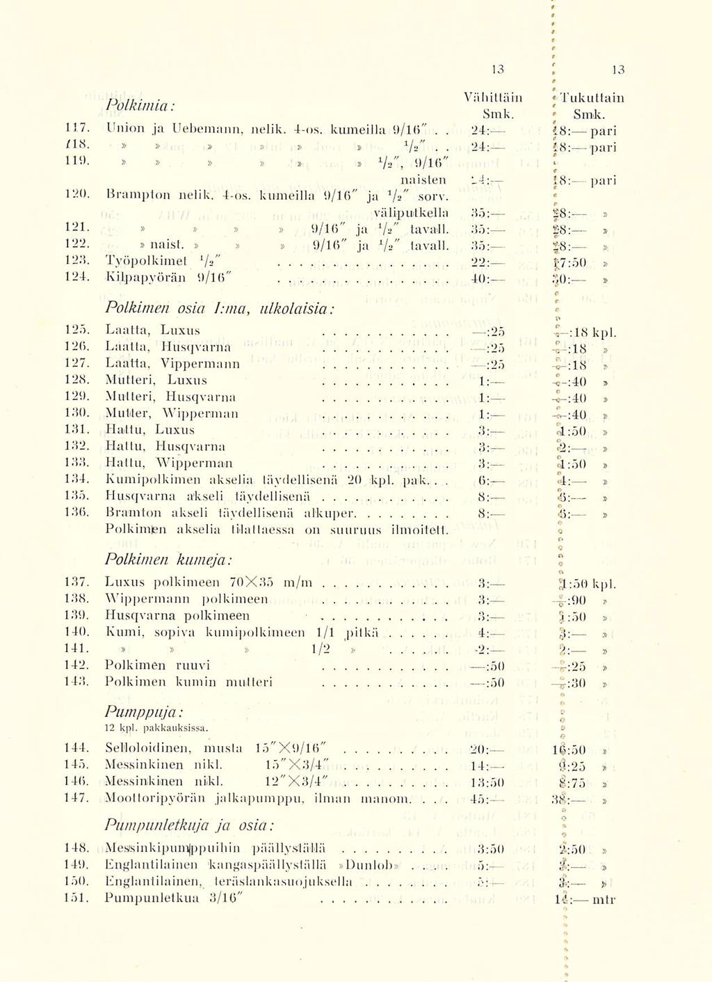 s: Vähittäin Tukuttain Poikimia: Smk Smk 117 Union Ja Uebemann, nelik 4-os kumeilla 9/16" 24: 18; pari 418 d j, d 1 /a" 24: 18: pari 119 di id 1li", 9/16" naisten 24;- 18: pari 120 Brampton nelik