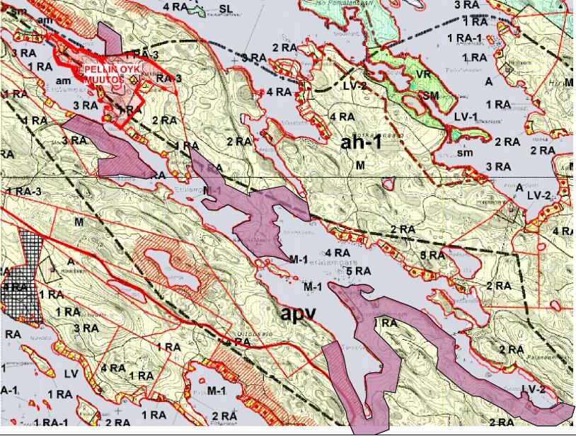 Tässä kaavassa suunnittelualueelle on osoitettu aluemerkintöinä RA-kortteleita (punaiset ja keltaiset pisteet), A-kortteleita, LV-2 ja LV-3 Vesiliikenteen alueita, M-1 Maa- ja metsätalousvaltainen