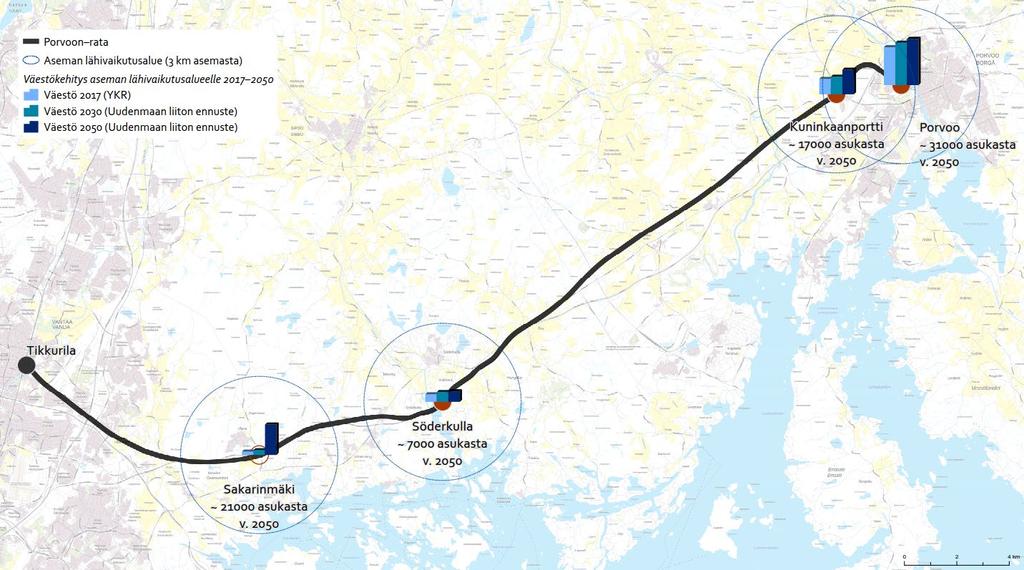 Kuva 13. Väestökehitys 2017 2050 Porvoon-radan suunniteltujen asemapaikkojen lähivaikutusalueilla (< 3 km asemasta).