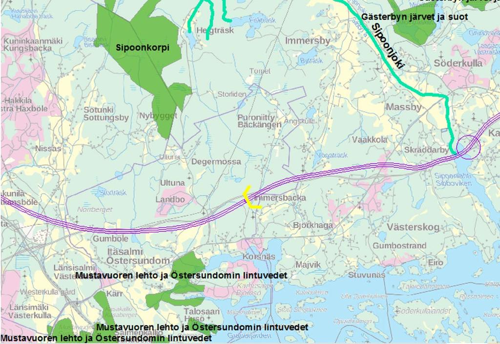 Kuva 15 Porvoon kaupunkiradan vaihtoehdon 3 linjaus ja Natura-alueet Sipoonkorven sekä Mustavuoren lehto ja Östersundomin lintuvedet Natura-alueiden välisen ekologisen yhteyden säilyttäminen on