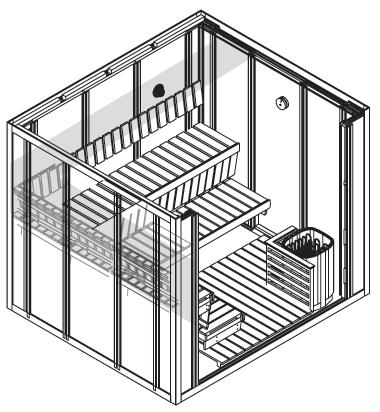 Ensimmäisen tunnistimen sijainti lattialla seisovan kiukaan kanssa, kun kiukaan etäisyys seinään on yli 200 mm.