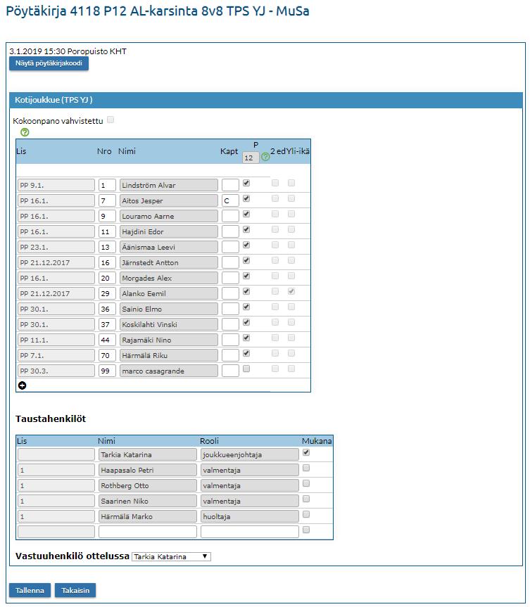 Taso Pöytäkirja: Pelaajien ja taustahenkilöiden valinta kokoonpanoon Ottelussa pelaavien pelaajien valinta => rasti kohtaan (P) - jos pelaajaluettelossa pelaajan kohdalla on rasti Ei akt, niin