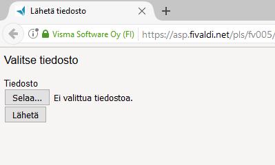 Kun valittu tiedosto ja siihen liittyvät mahdolliset lisävalinnat on tehty, klikataan Valitse tiedosto -painiketta: Sisäänajettava tiedosto etsitään Selaa-painiketta klikkaamalla: Kun tiedosto on