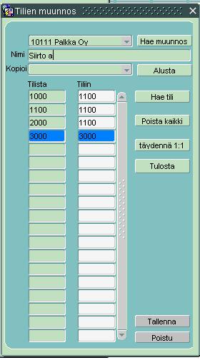 Tilien muunnostaulukolla siirrettävän tilin XXXX tapahtumat ohjataan Fivaldin tilille