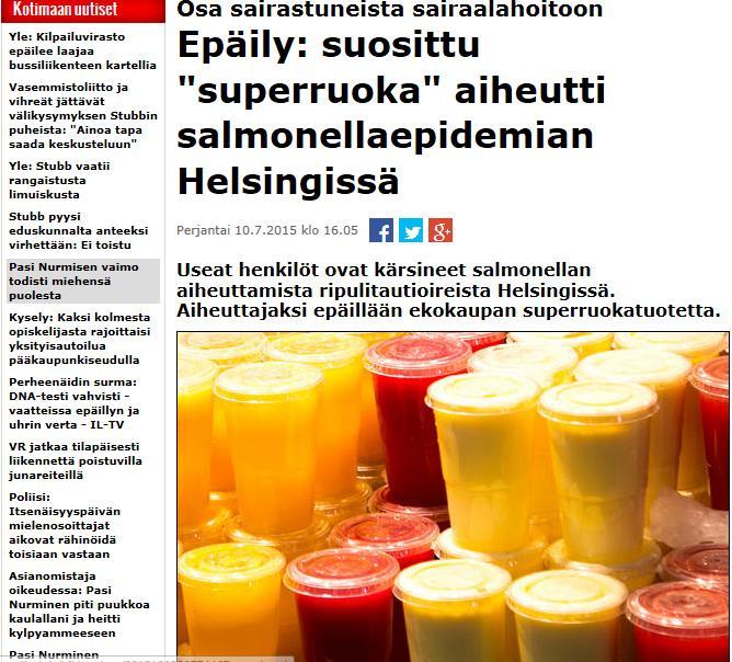 Esimerkkejä epidemioista Helsingissä Henkilöstöravintolan joululounaalla sairastui 24 asiakasta Bacillus cereuksen aiheuttamaan ruokamyrkytykseen, puutteellinen jäähdytys 12 henkilöä sairastui