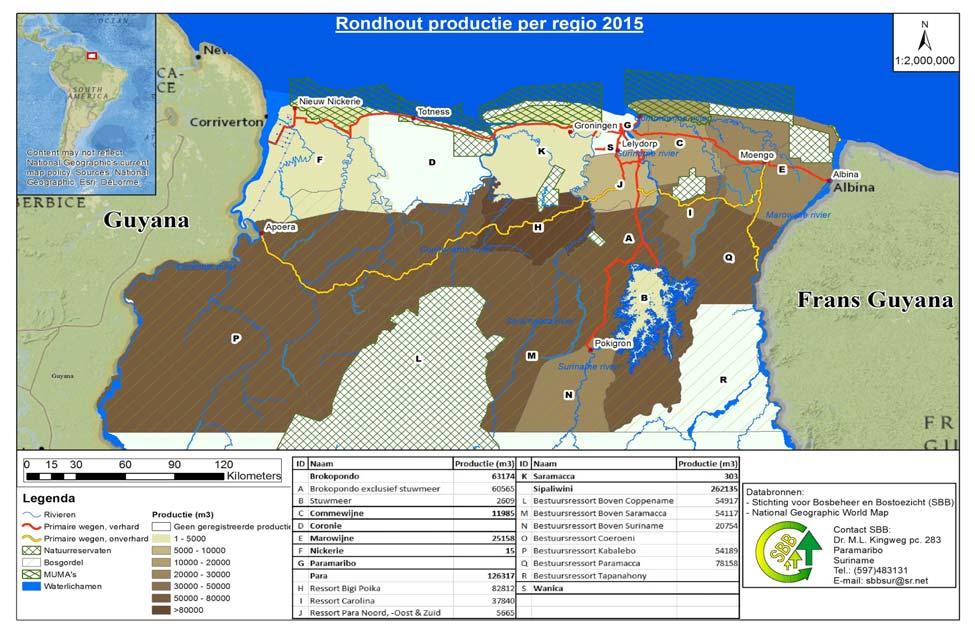 5.3 Productie per regio Figuur 7. Kaart van rondhout productie per regio in 2015 Tabel 12.